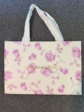 LoveShackFancy Cream shopping bag Tote with Pink Floral Print and Gold Logo